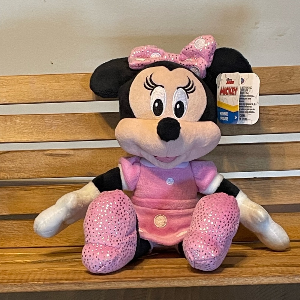 Disney Minnie Mouse Stuffed Animal Pink and Black 10”